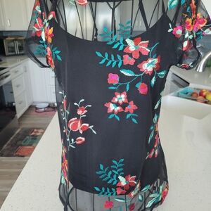 VENUS Black Sheer Top with Colorful Floral Embroidery With Undertop